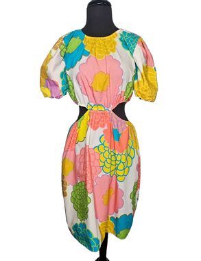 Flora Bea NYC Wendi Mini Dress XL Cutouts Puff Sleeves Cotton Colorful Mod